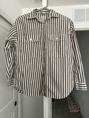 Vintage Brown & White Striped Button-Down Shirt